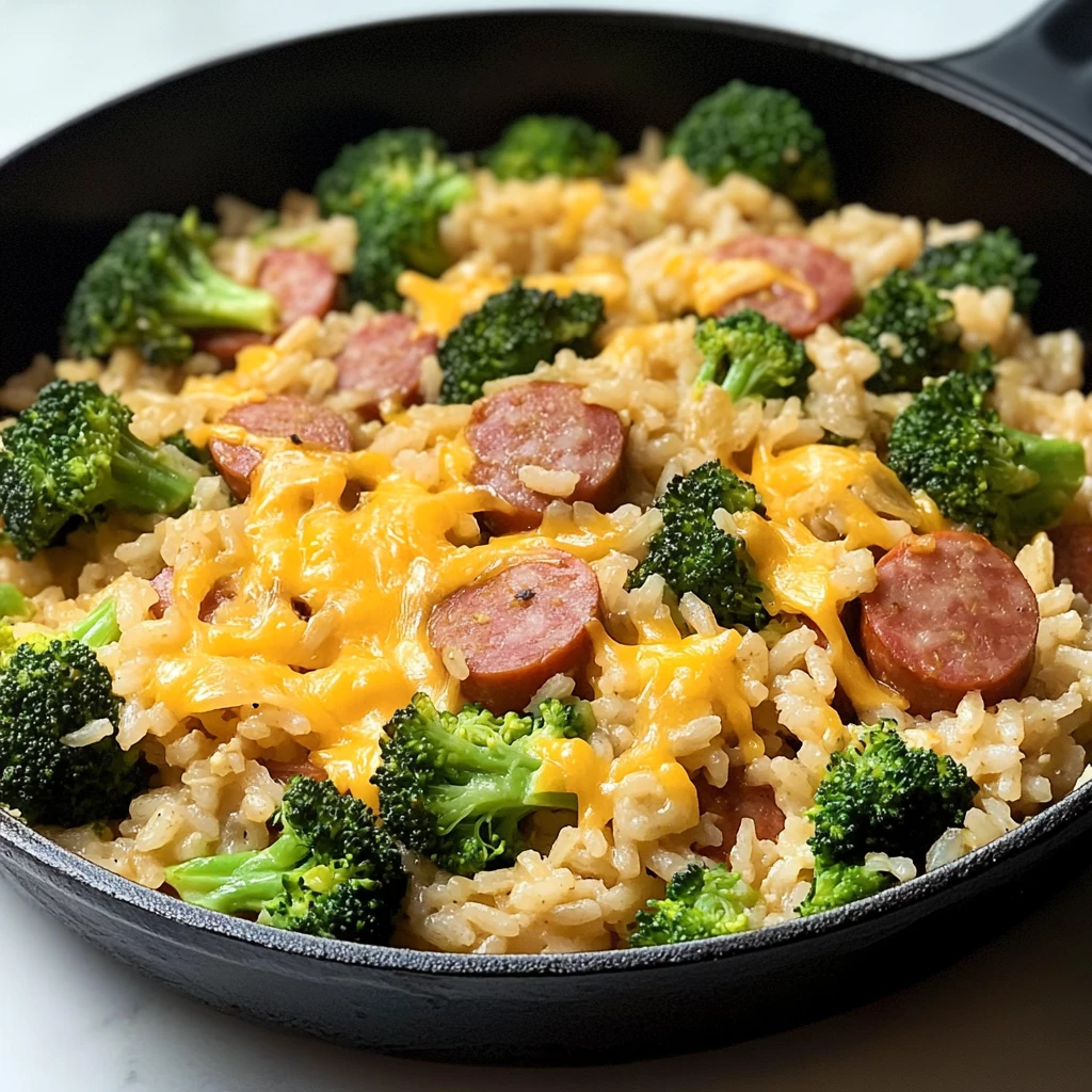 Cheesy Kielbasa Rice and Broccoli Skillet 30 Minutes Easy Delicious
