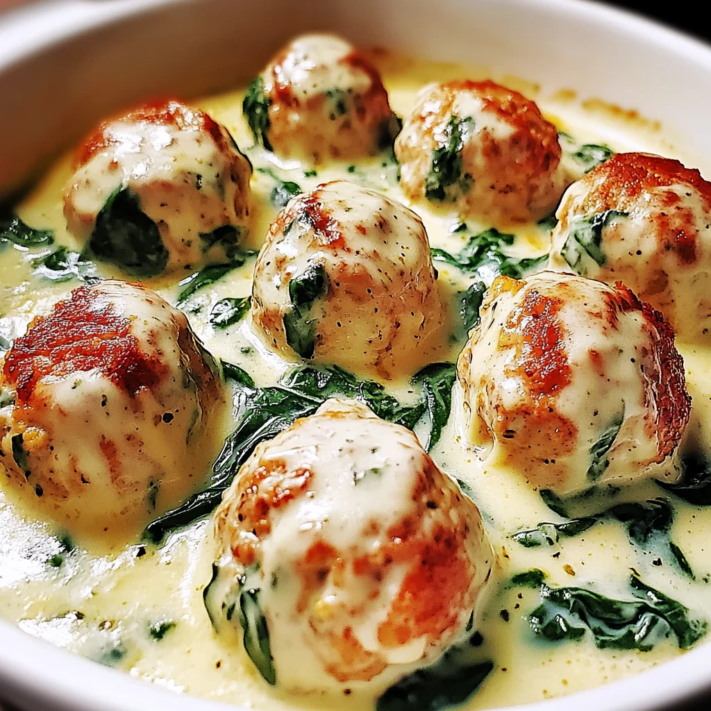 Baked Chicken Ricotta Meatballs with Spinach Alfredo