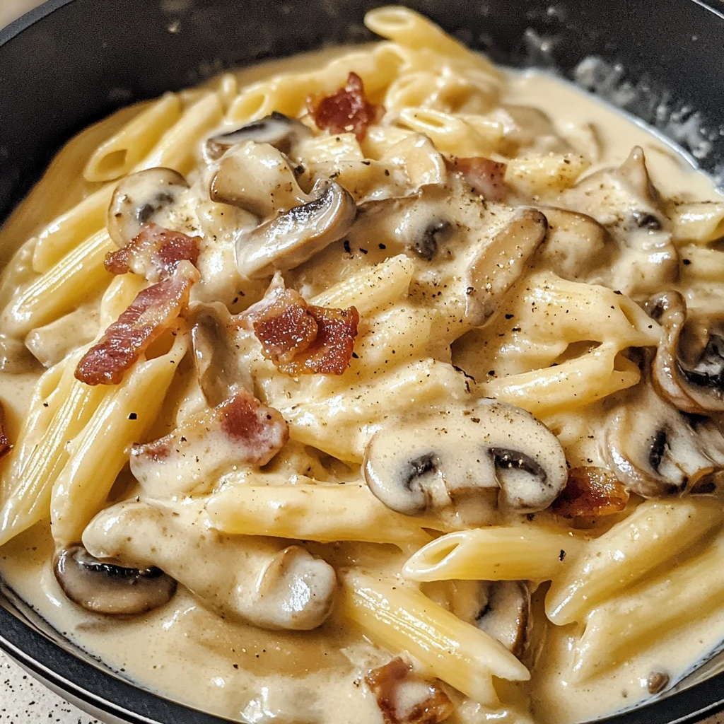Creamy Garlic Mushroom Bacon Pasta Recipe
