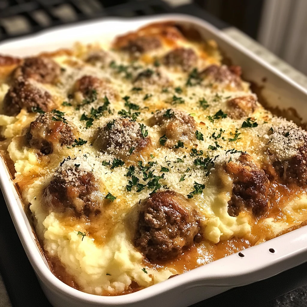 Hearty Meatball and Mashed Potato Bake Recipe