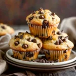fresh 5 ingredient chocolate chip protein muffins on a rustic counter