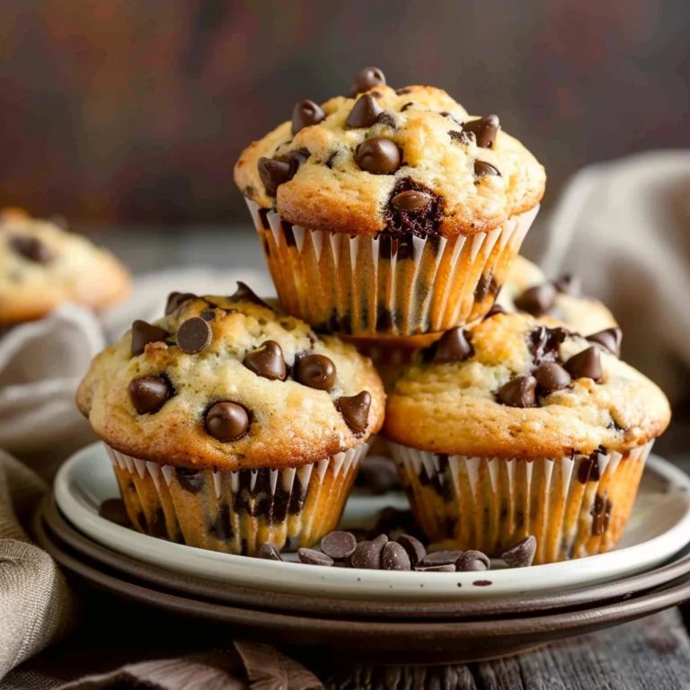 fresh 5 ingredient chocolate chip protein muffins on a rustic counter