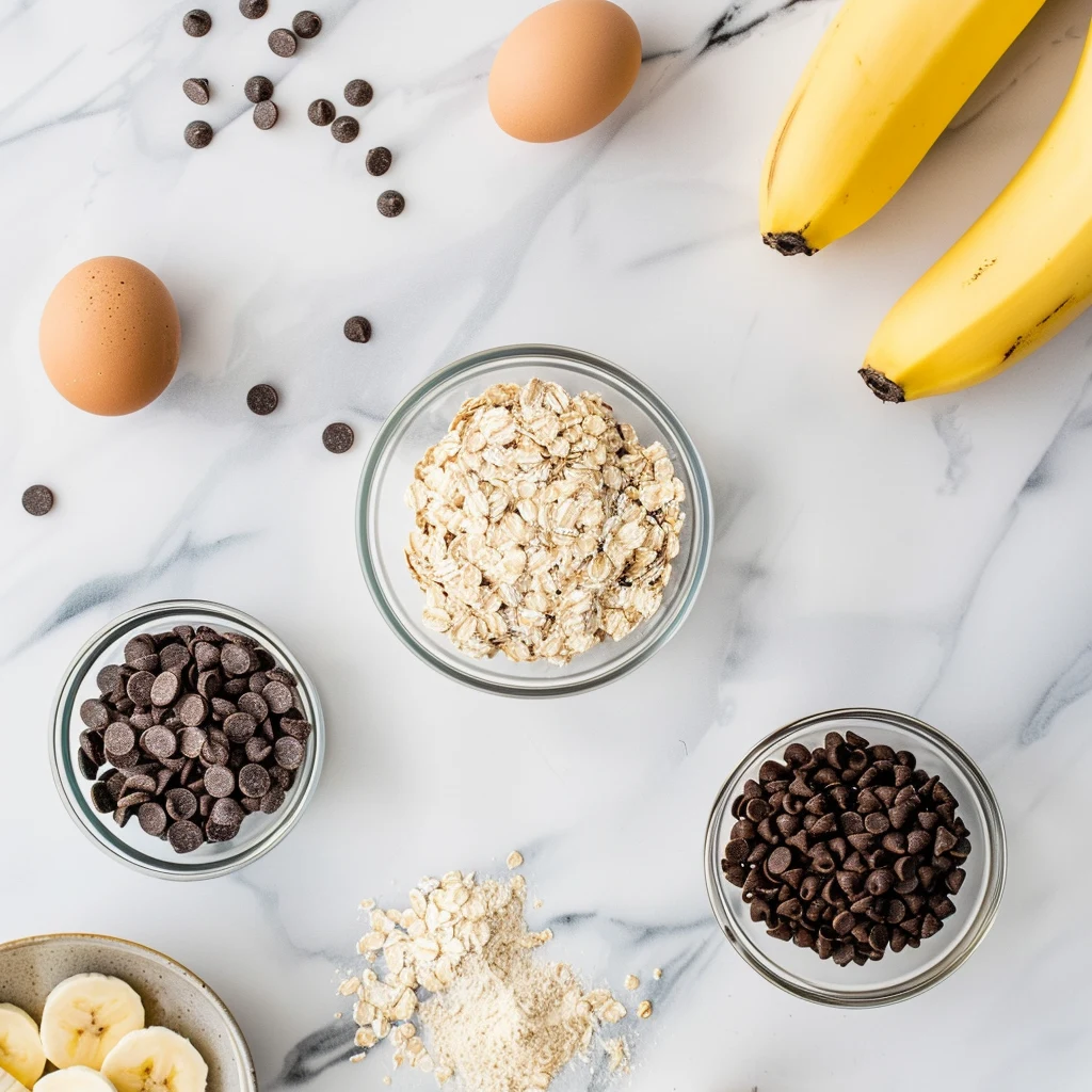 overhead shot of 5 ingredients for chocolate chip protein muffins