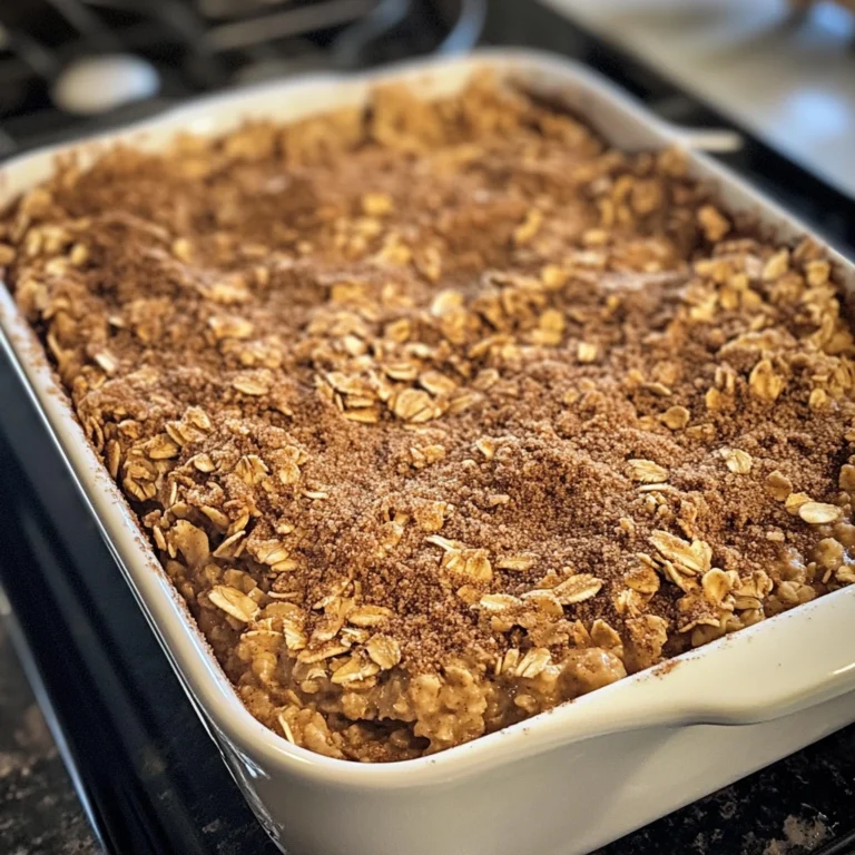 Coffee cake baked oatmeal in a rustic ceramic dish on a breakfast table