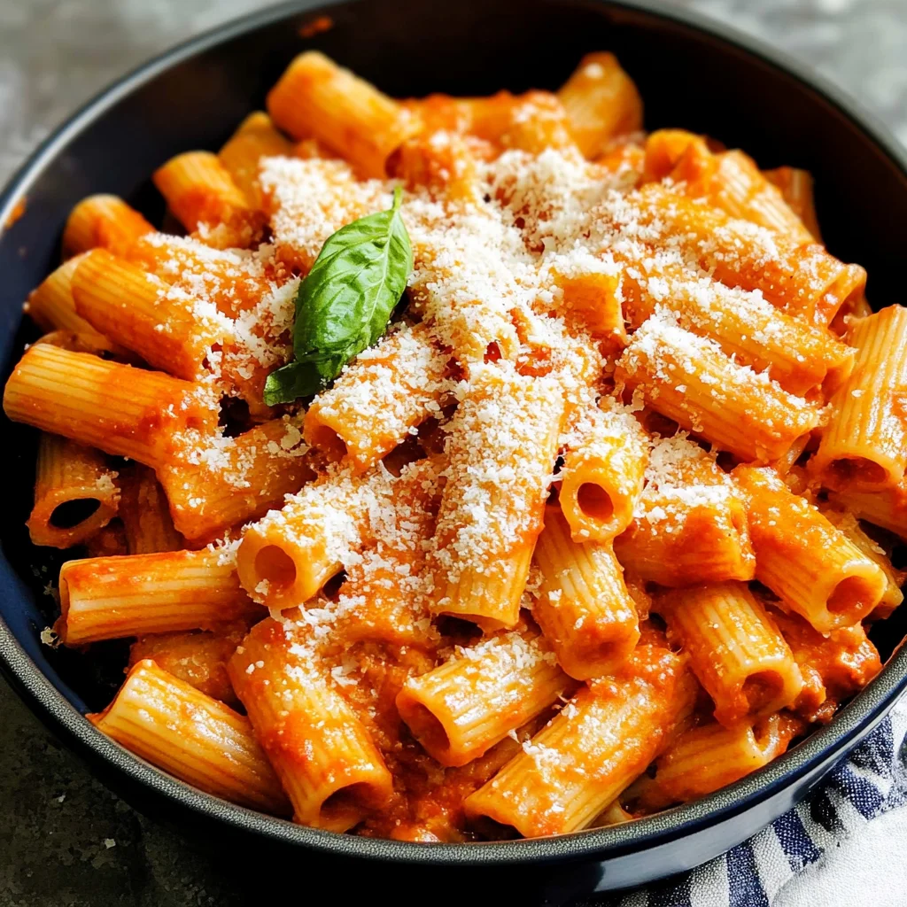 Spicy rigatoni vodka pasta served with white wine