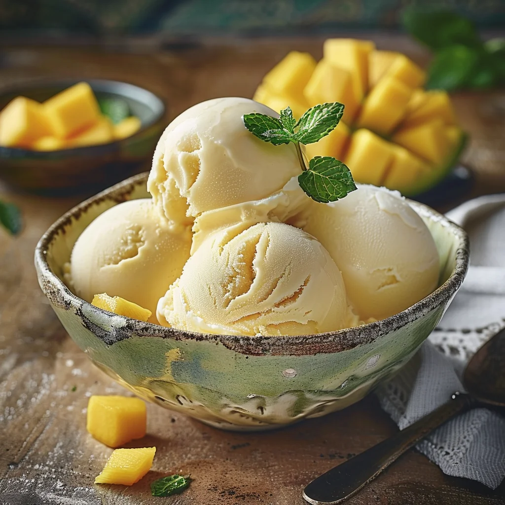 2-ingredient mango ice cream in a bowl