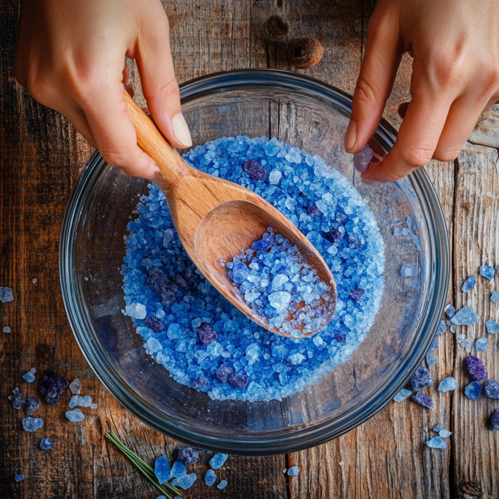 Mixing blue salt trick recipe in glass bowl