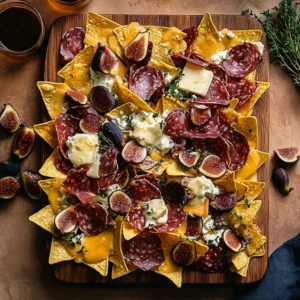 Charcuterie nachos with meats, cheeses, and gourmet toppings