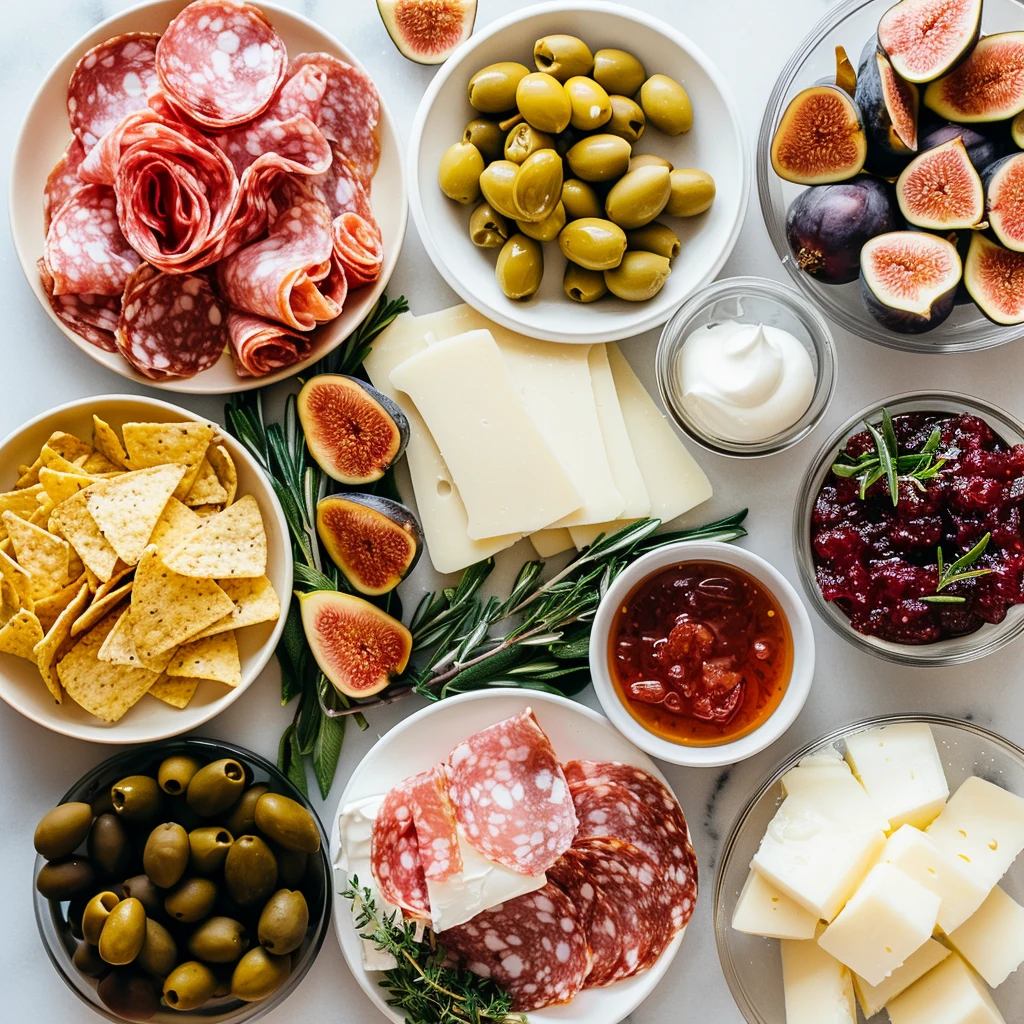 Ingredients for building charcuterie nachos