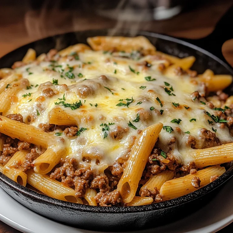 Cheesy Penne with Garlic Butter Ground Beef in skillet