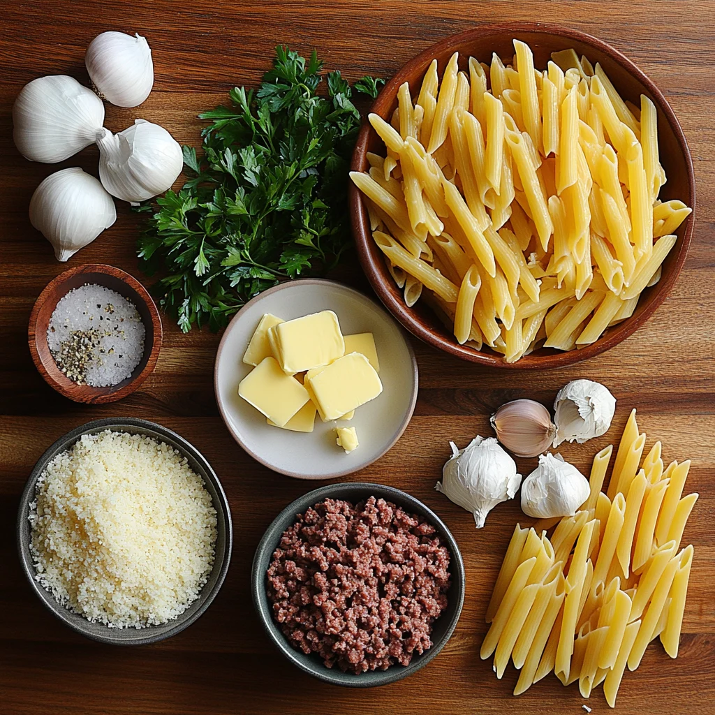 Ingredients for Cheesy Penne with Garlic Butter Ground Beef