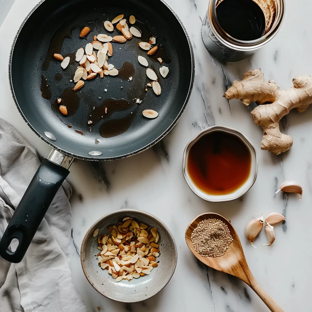 Ingredients for chopped almonds and Asian sauce