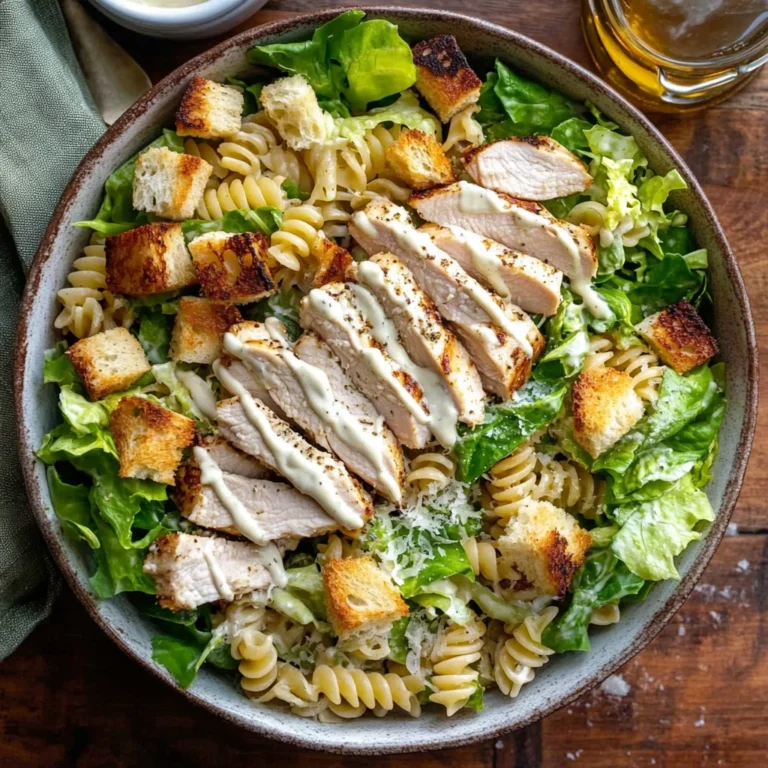 Easy Chicken Caesar Pasta Salad in a serving bowl