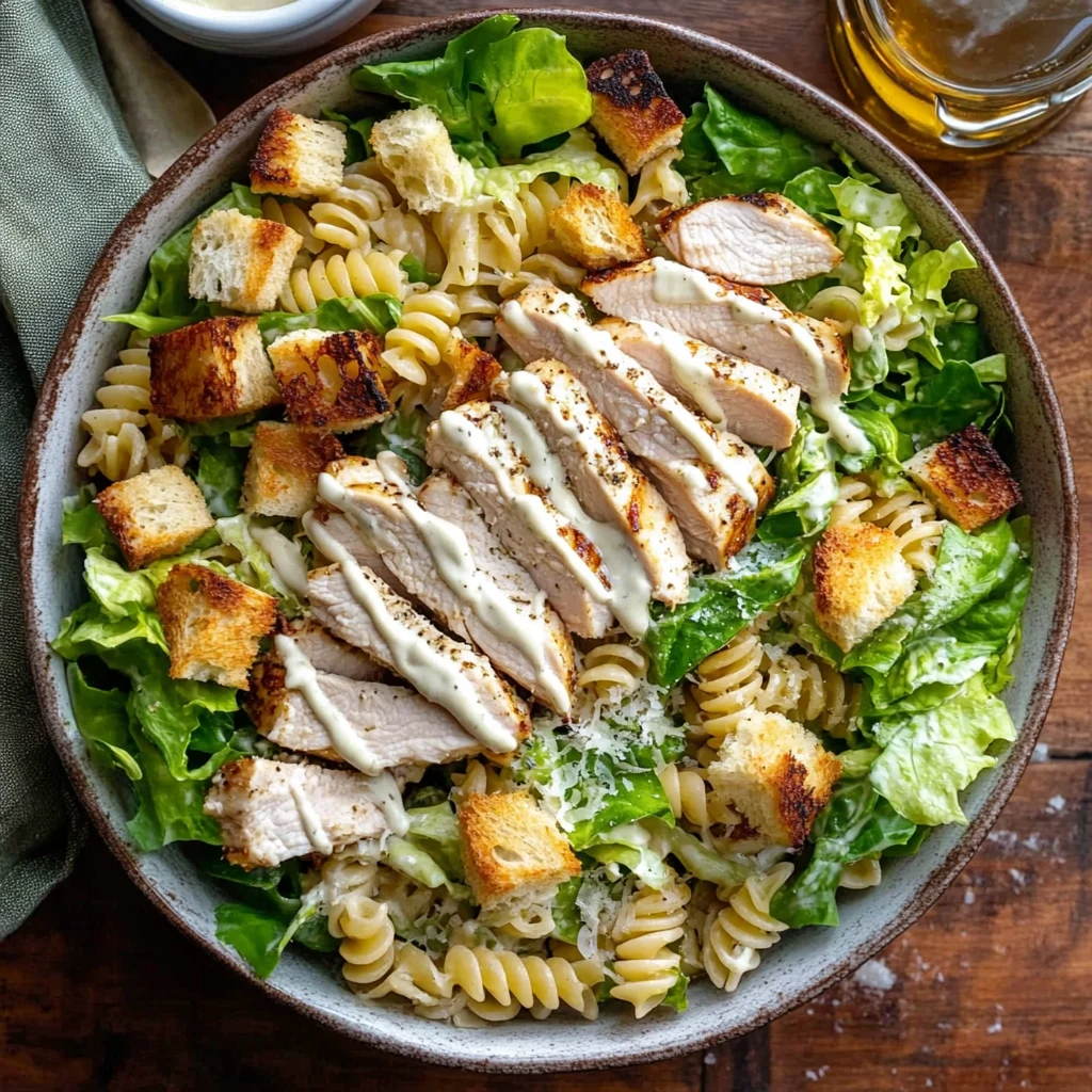 Easy Chicken Caesar Pasta Salad in a serving bowl