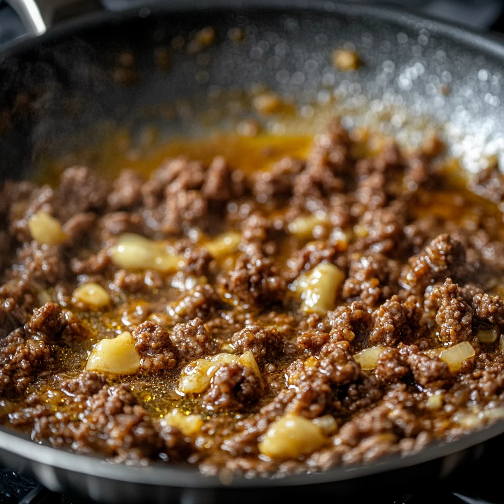 Browning ground beef in garlic butter