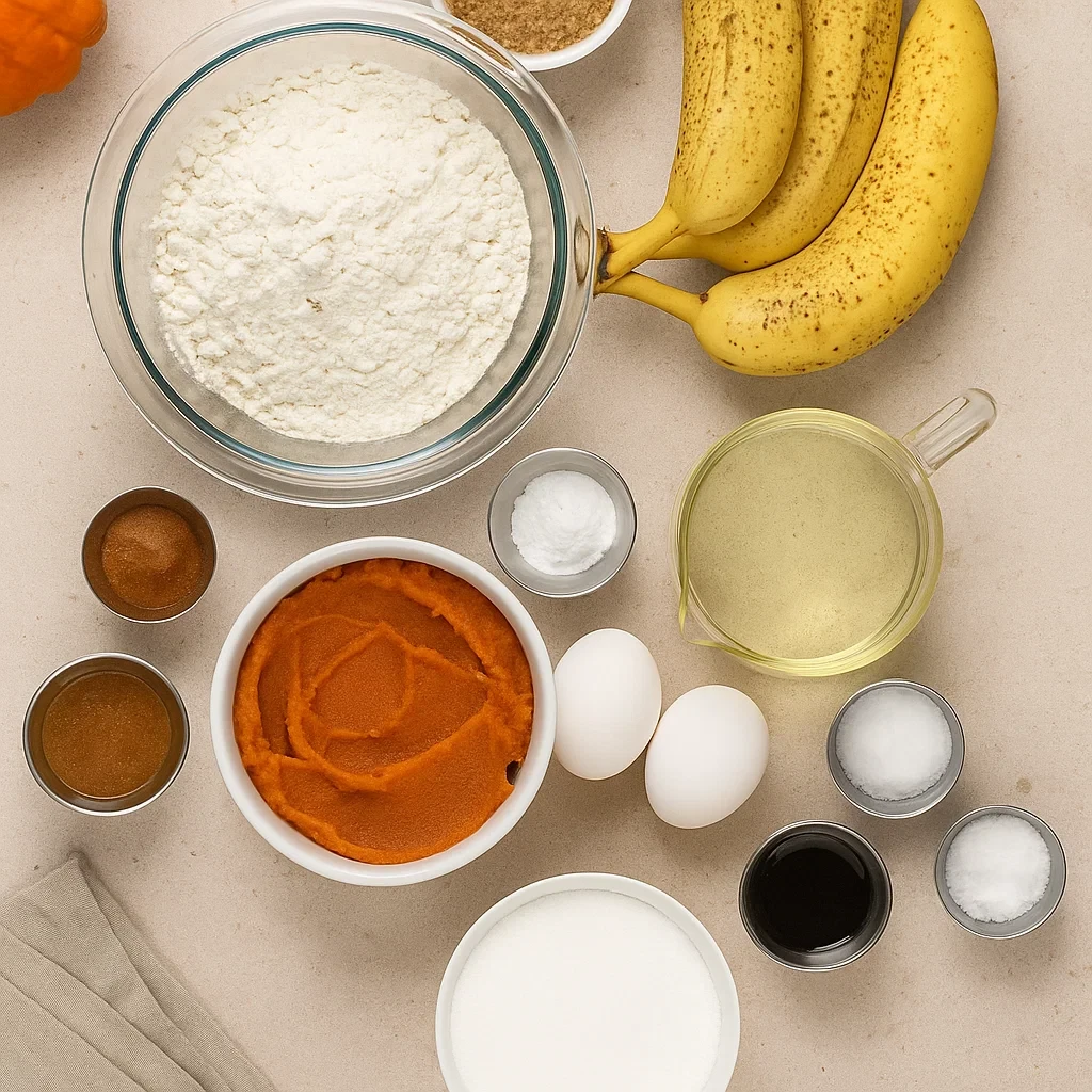 Ingredients for healthy no added sugar pumpkin banana bread