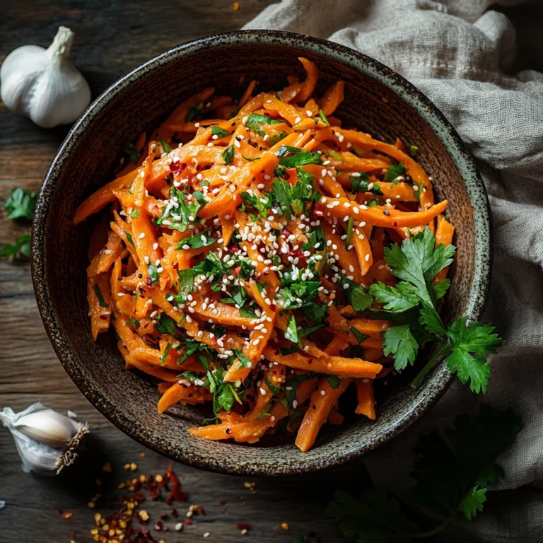 Korean carrot salad served in rustic bowl with garlic and sesame