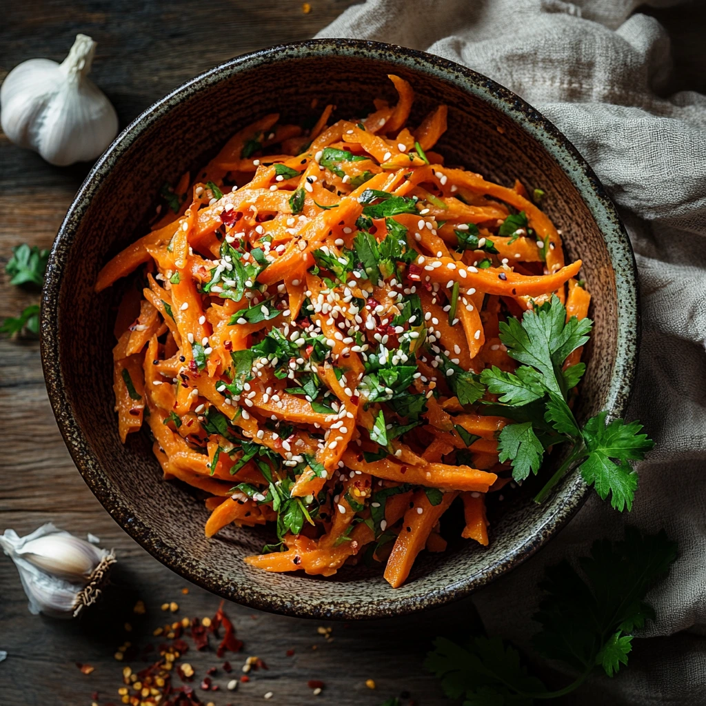 Korean carrot salad served in rustic bowl with garlic and sesame