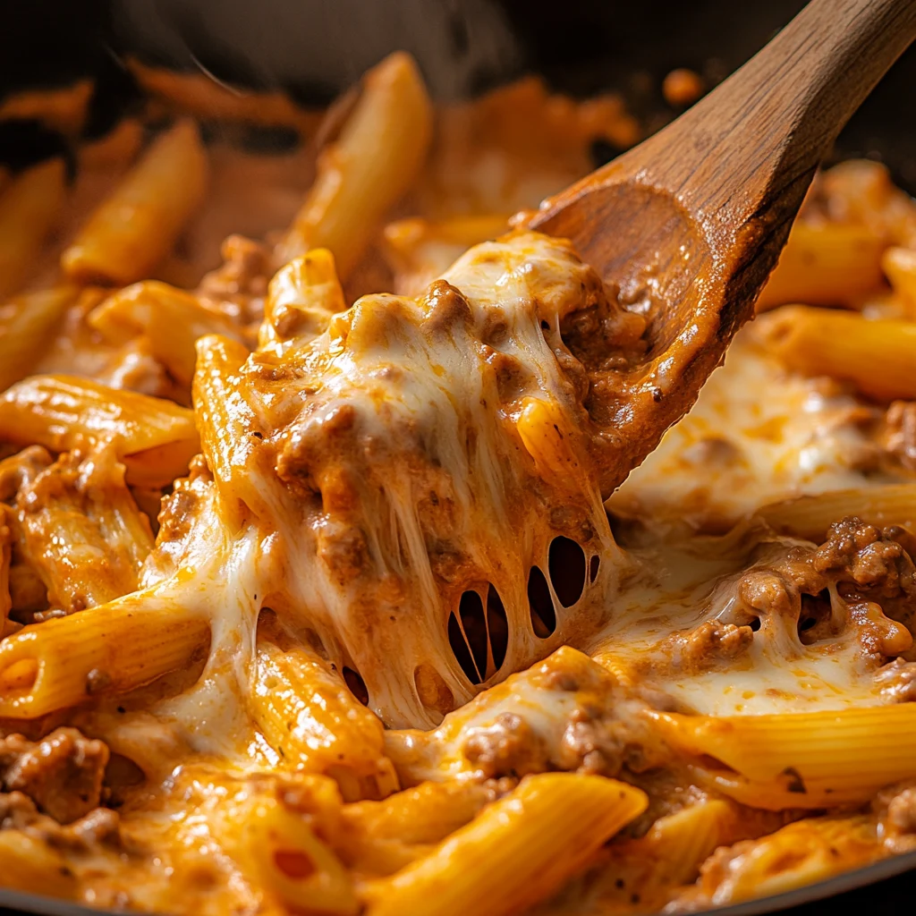 Mixing penne with garlic butter beef and cheese