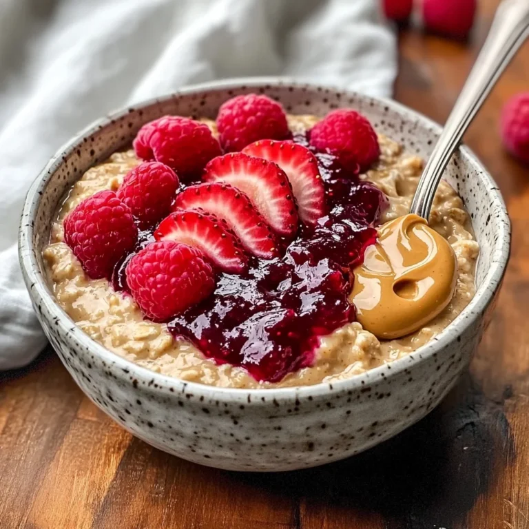 Creamy bowl of peanut butter and jelly oats with toppings