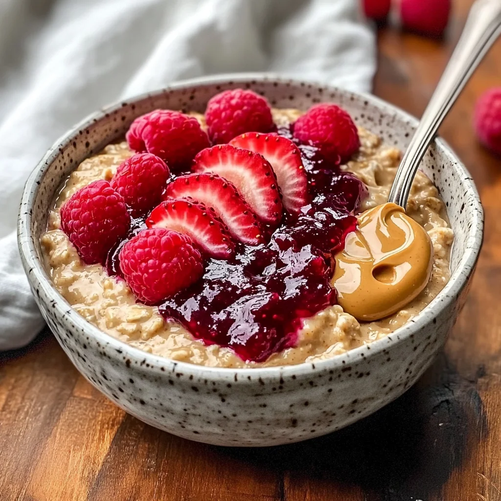 Creamy bowl of peanut butter and jelly oats with toppings