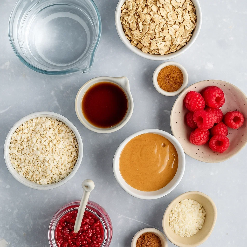 Ingredients flat lay for peanut butter and jelly oats