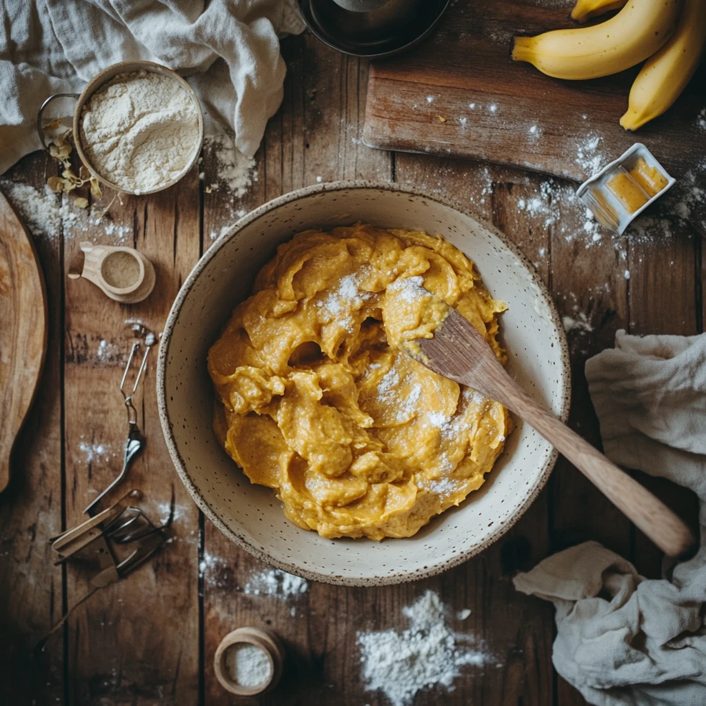 Preparing healthy no added sugar pumpkin banana bread with mashed banana and pumpkin