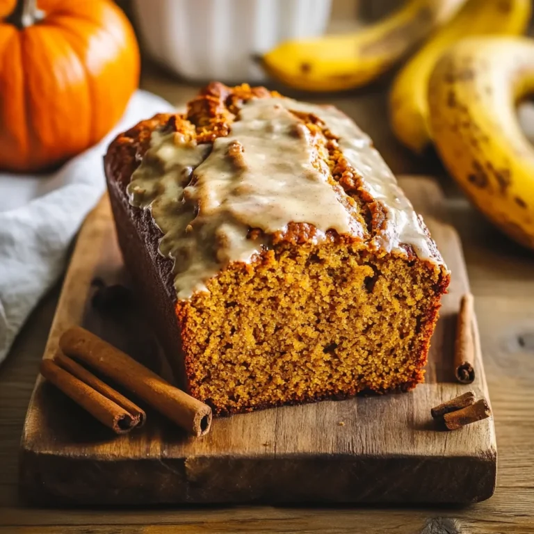 pumpkin banana bread sliced on rustic table