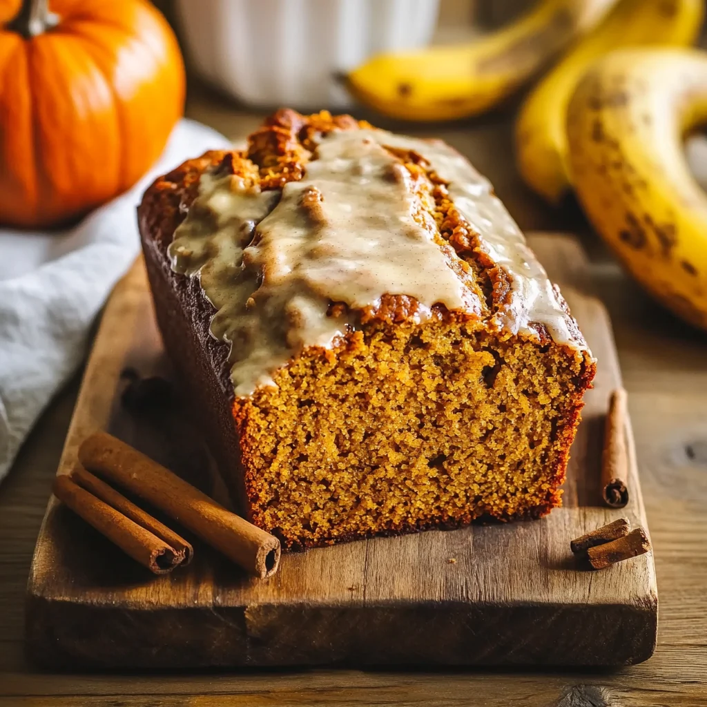 pumpkin banana bread sliced on rustic table