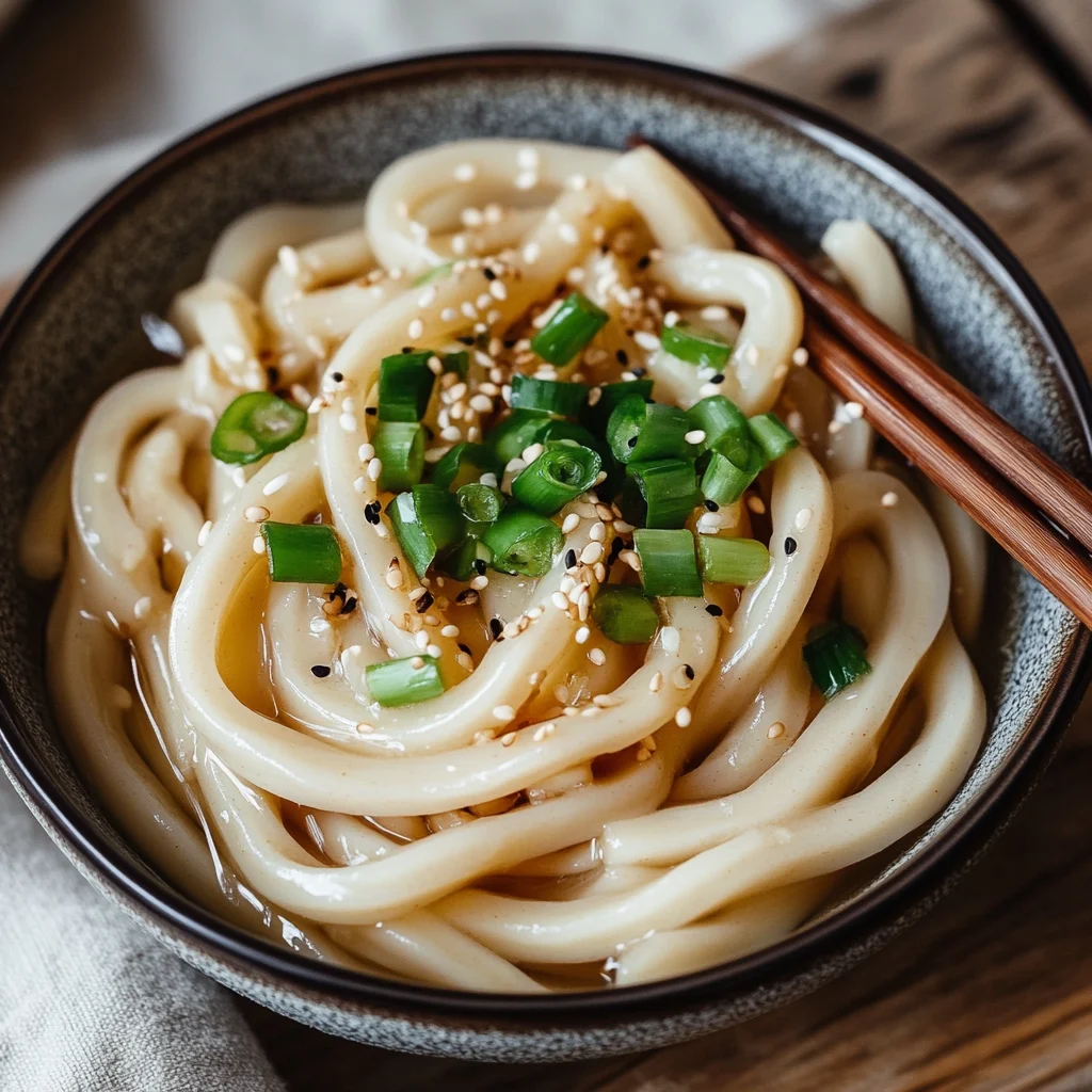 Served bowl of vegan garlic udon noodles