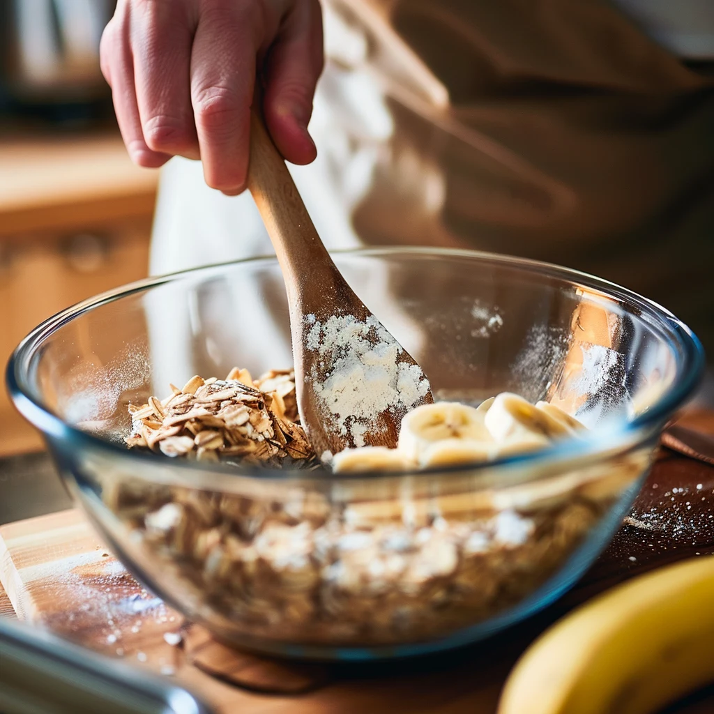 mixing ingredients for protein muffins in a glass bowl