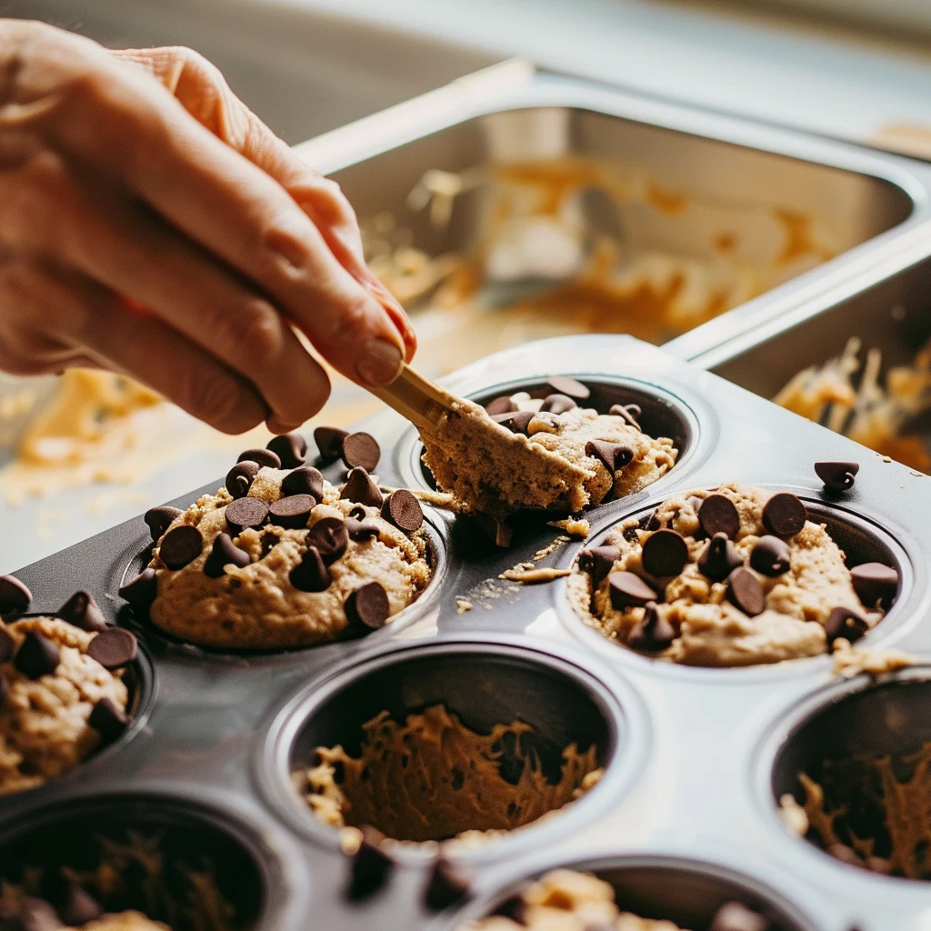 scooping chocolate chip protein muffin batter into tin