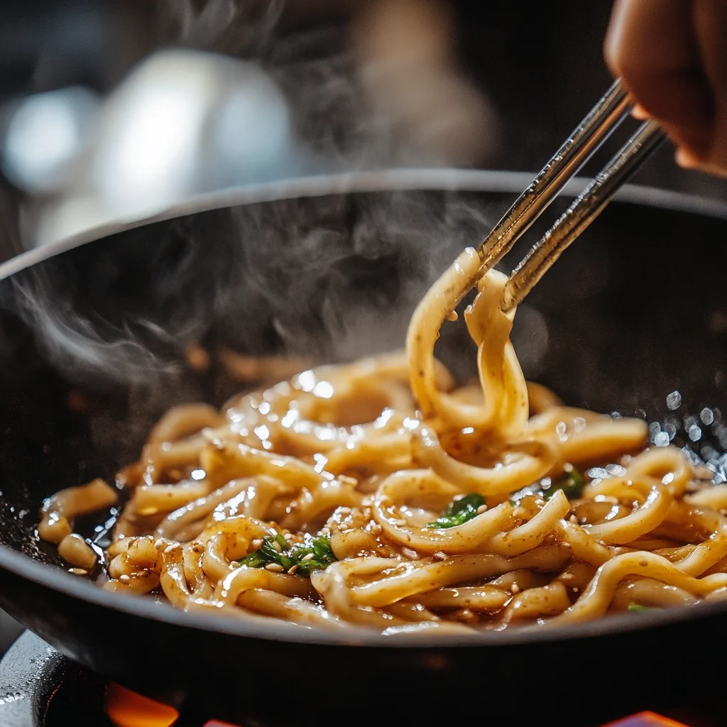 Cooking chili garlic udon noodles in wok