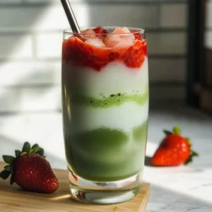 Strawberry Matcha Latte in a clear glass
