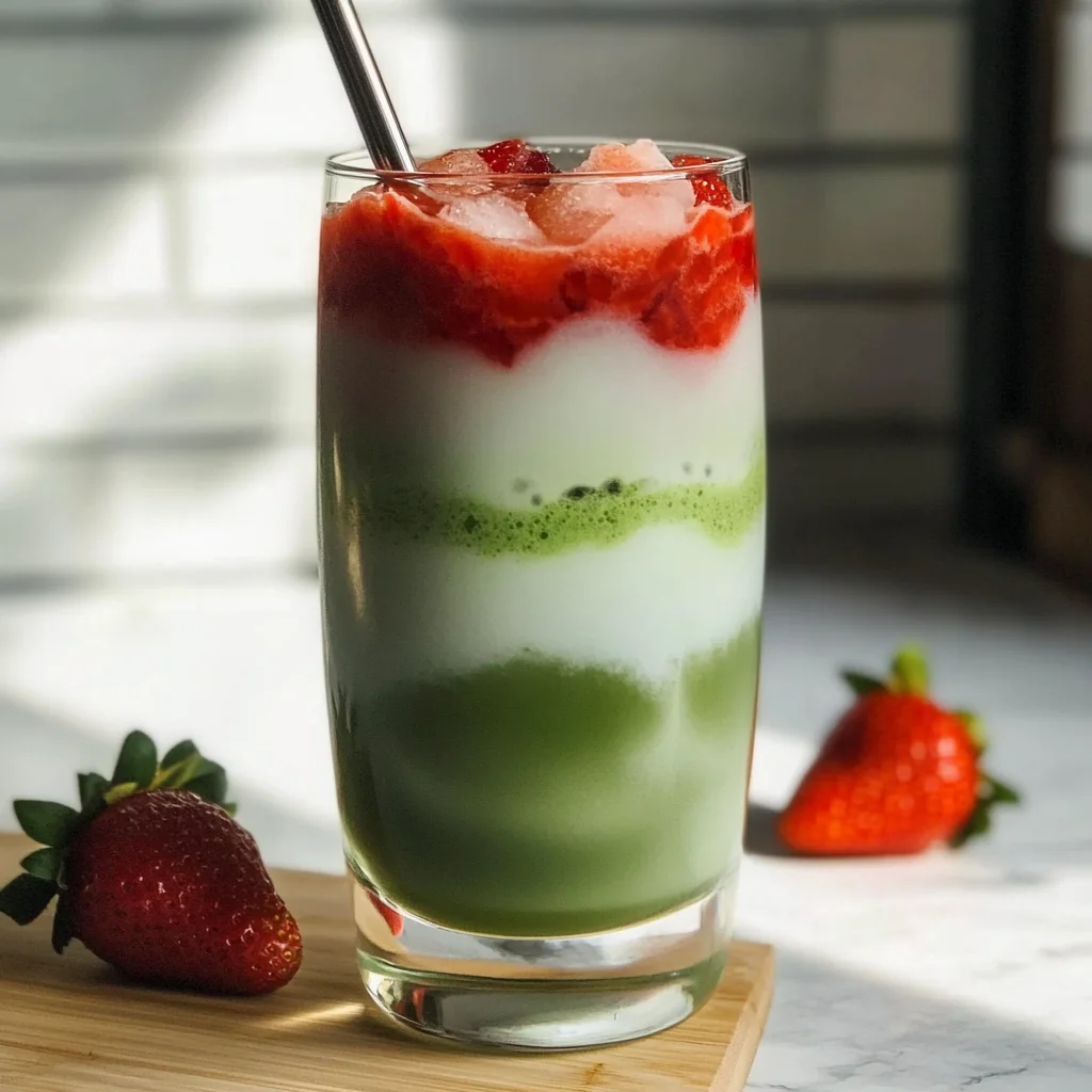 Strawberry Matcha Latte in a clear glass