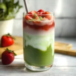 Close-up of finished strawberry matcha latte