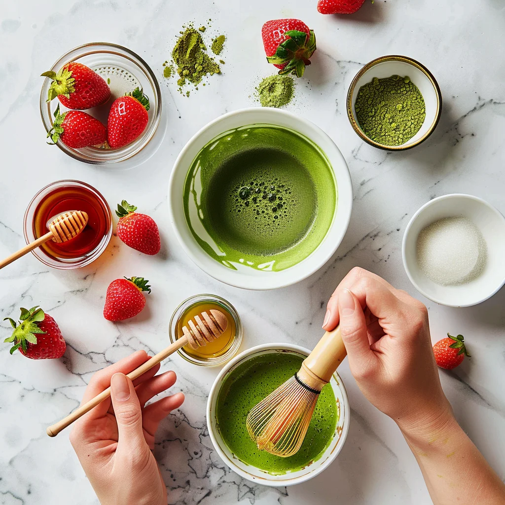 Assembling strawberry matcha latte