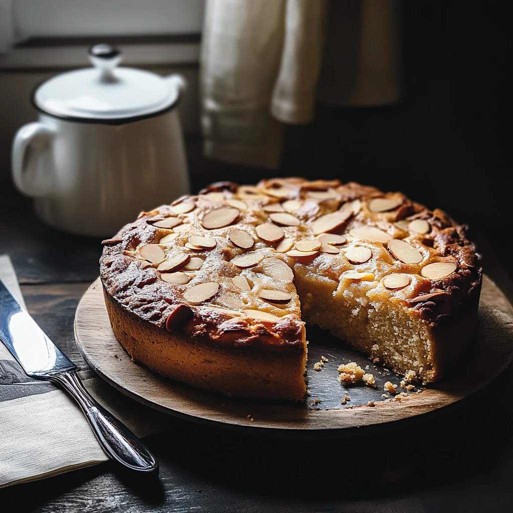Swedish Almond Cake on rustic wooden table