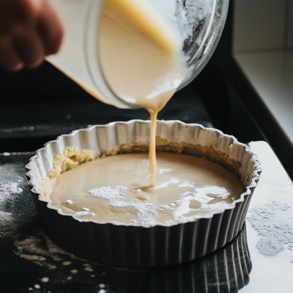Pouring Swedish Almond Cake batter into pan
