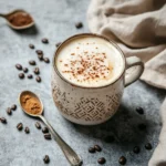 Tahini latte in mug with sesame seeds