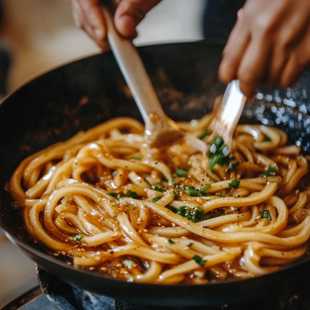 Tossing vegan garlic udon noodles in sauce