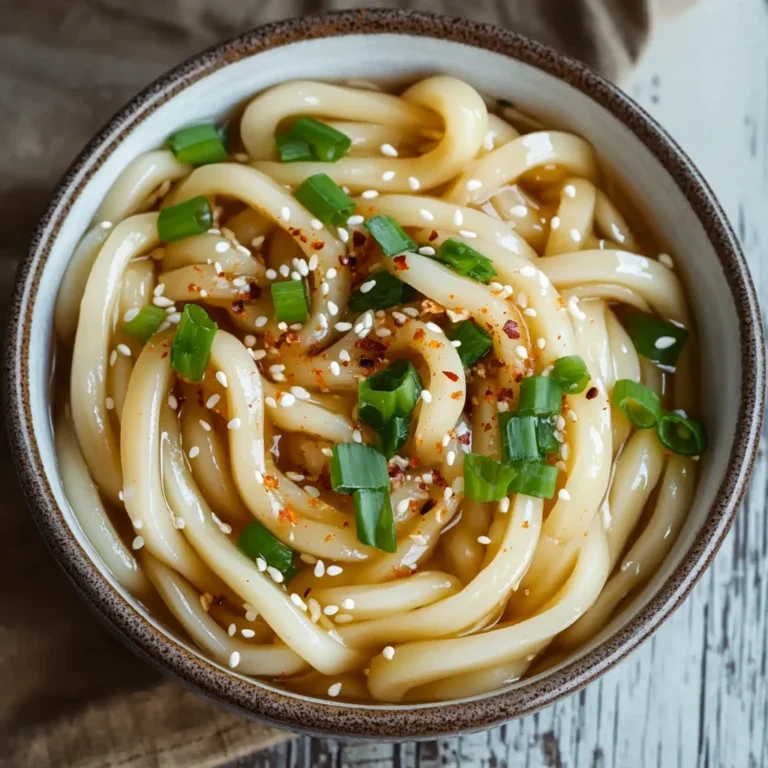Vegan garlic udon noodles in a bowl