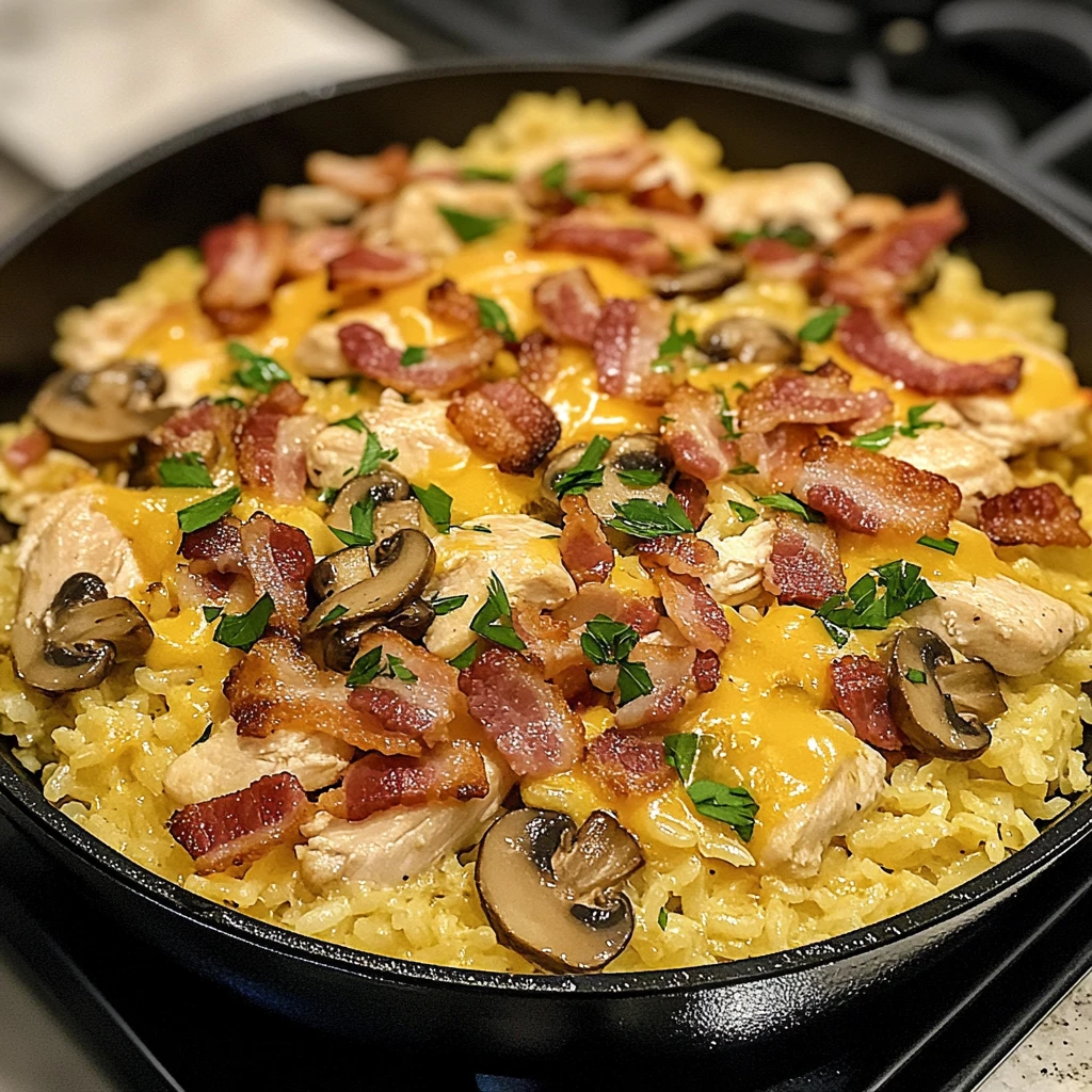 Cheesy Bacon Chicken Mushroom Rice Skillet 30 Minutes Easy Delicious