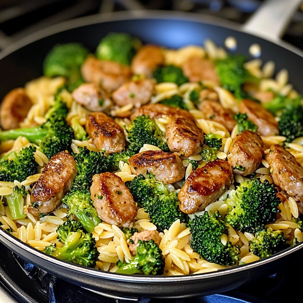 Chicken Sausage Broccoli and Orzo Skillet 30 Minutes Easy Delicious
