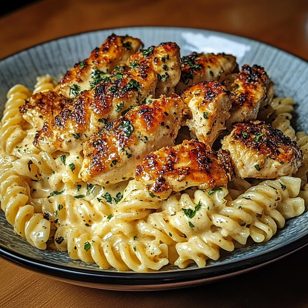 Cheesy Twisted Pasta with Creamy Garlic Parmesan Chicken