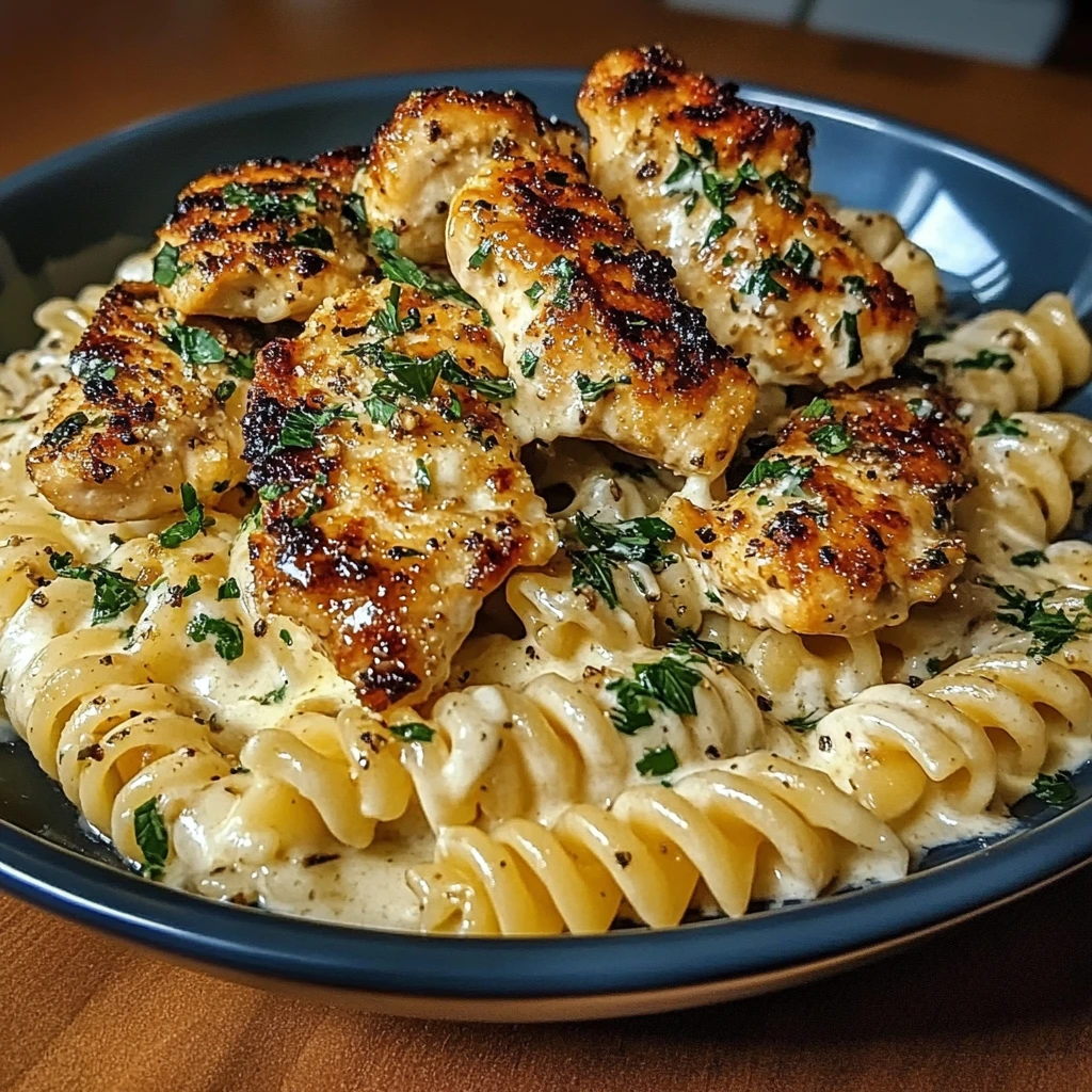 Cheesy Twisted Pasta with Creamy Garlic Parmesan Chicken
