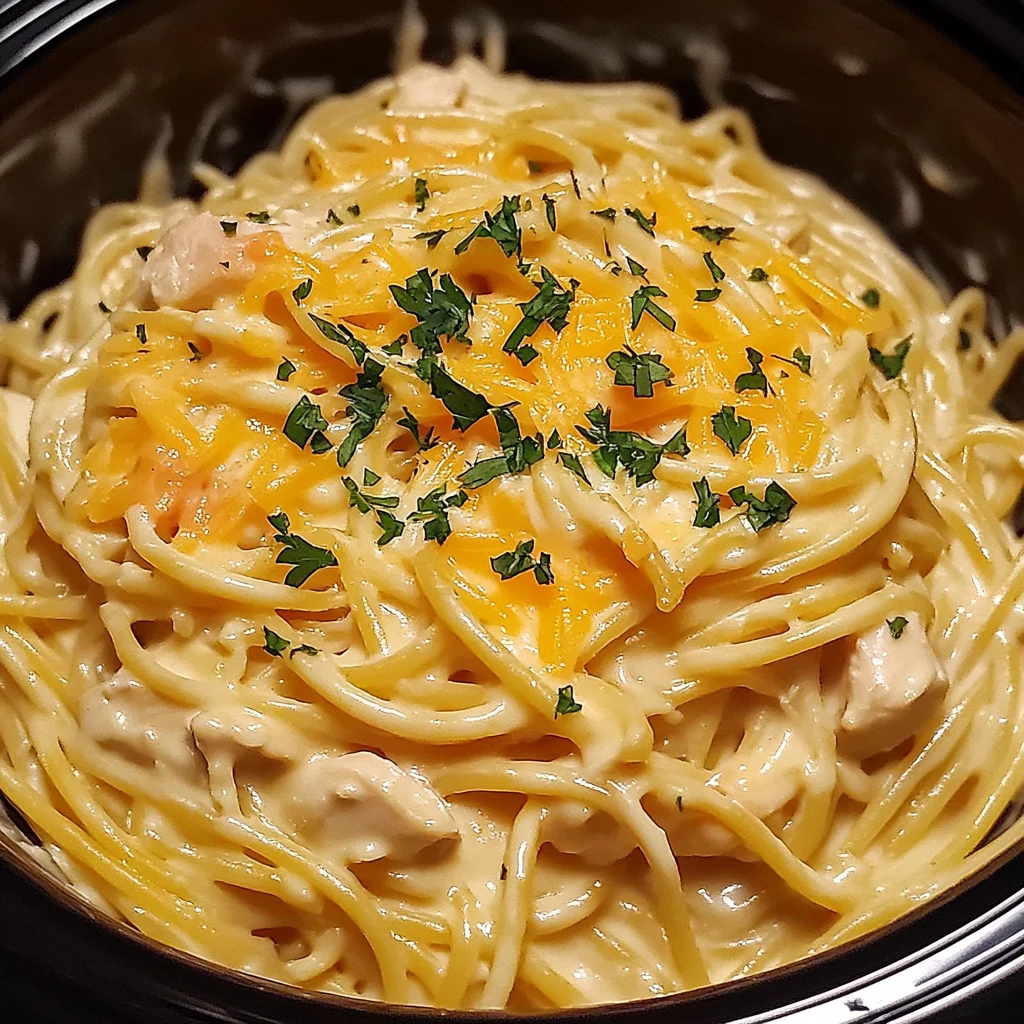 Creamy Crockpot Chicken Spaghetti 5 Steps Easy Delicious