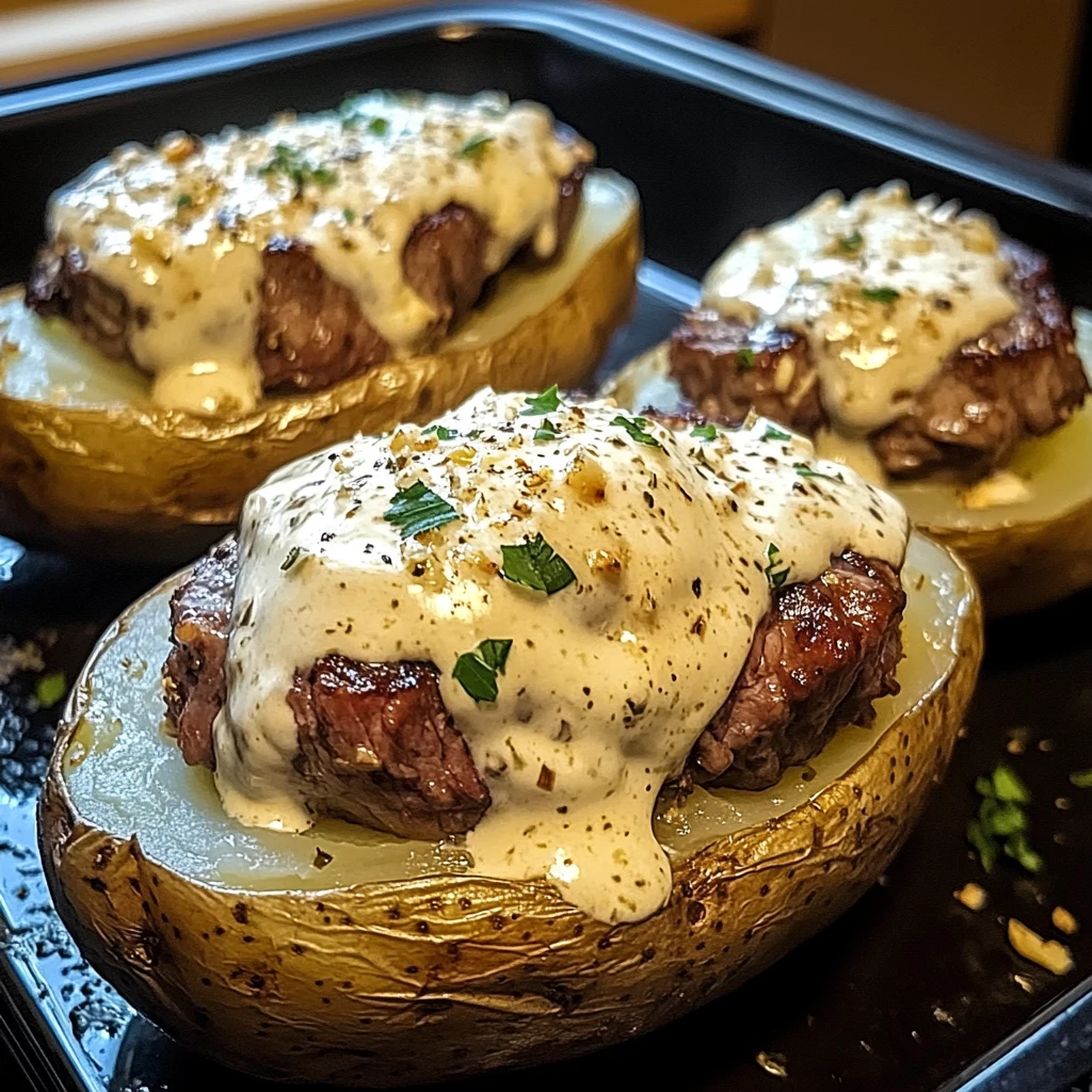 Steak-Stuffed Baked Potatoes with Parmesan Cream Sauce
