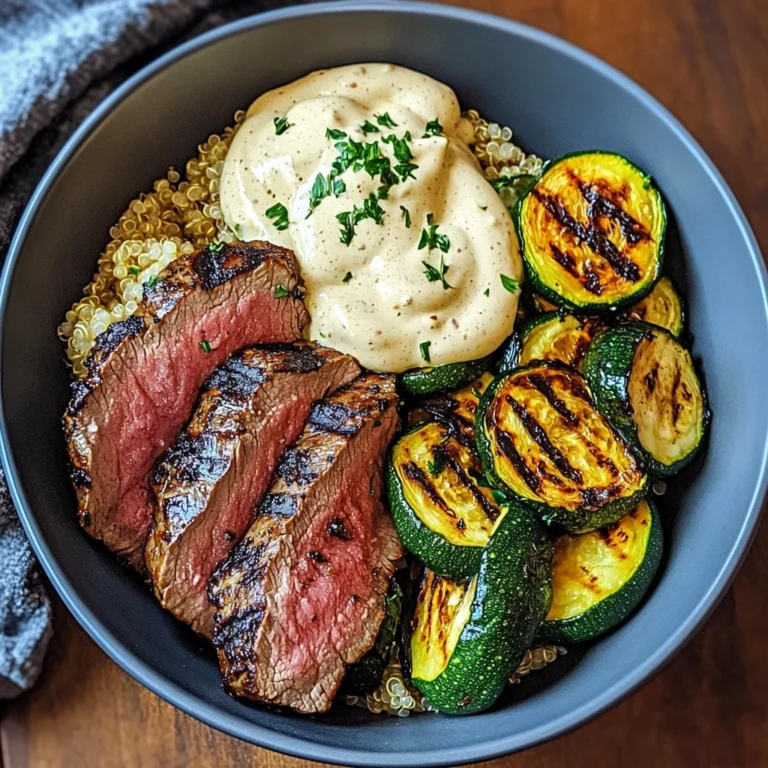 Grilled Steak Bowl With Creamy Sauce & Grilled Zucchini
